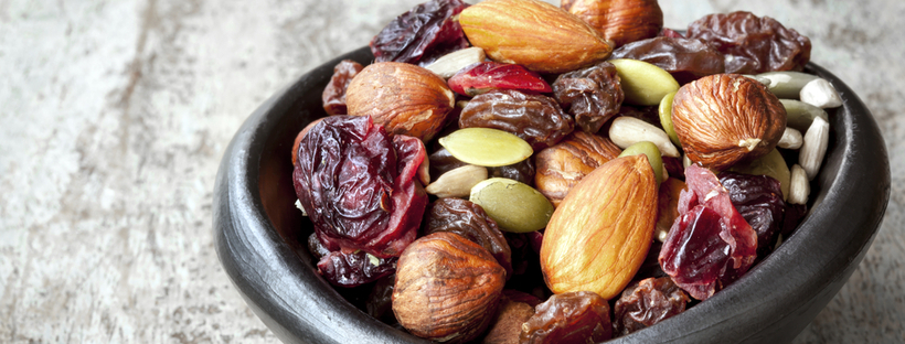 Mixed nuts and dried fruit in a bowl