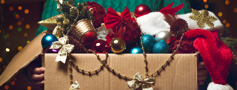 Christmas decorations in a cardboard box