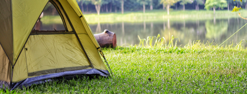 Green tent next to a lake